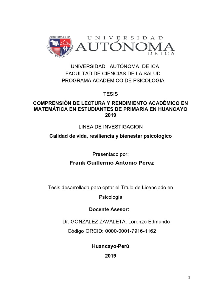 Comprensión de lectura y rendimiento académico en matemática en estudiantes de primaria en Huancayo, 2019