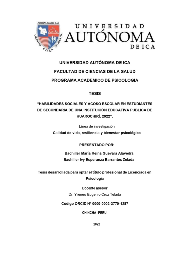 Habilidades Sociales Y Acoso Escolar En Estudiantes De Secundaria De Una Institucion Educativa Publica De Huarochiri, 2022