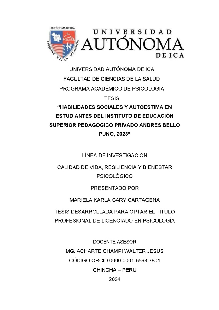 Habilidades sociales y autoestima en estudiantes del Instituto de Educación Superior Pedagógico Privado Andrés Bello Puno, 2023