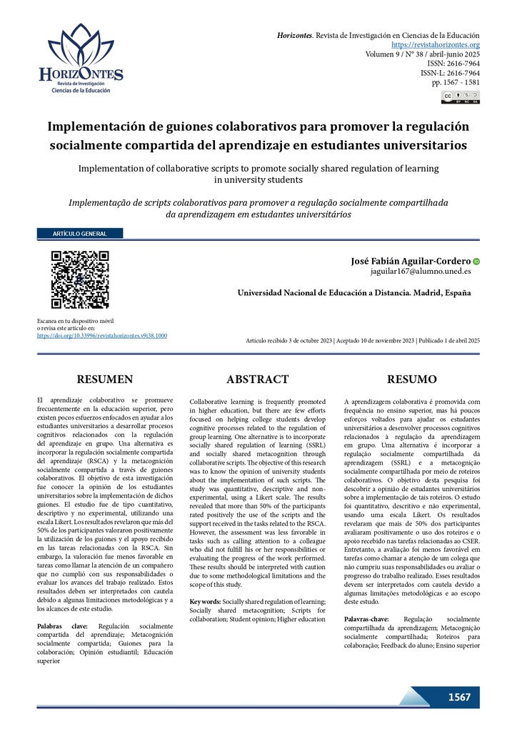 Revista de Investigación en Ciencias de la Educación, Horizontes Vol. 9 Núm. 38