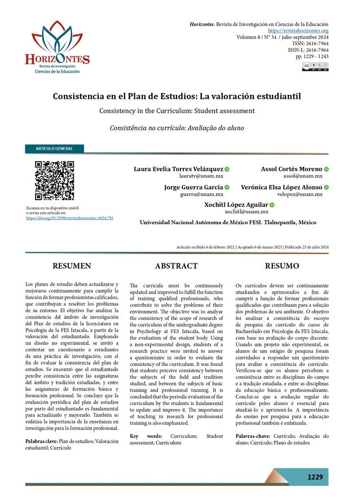 Revista de Investigación en Ciencias de la Educación, Horizontes Vol. 8 Núm. 34