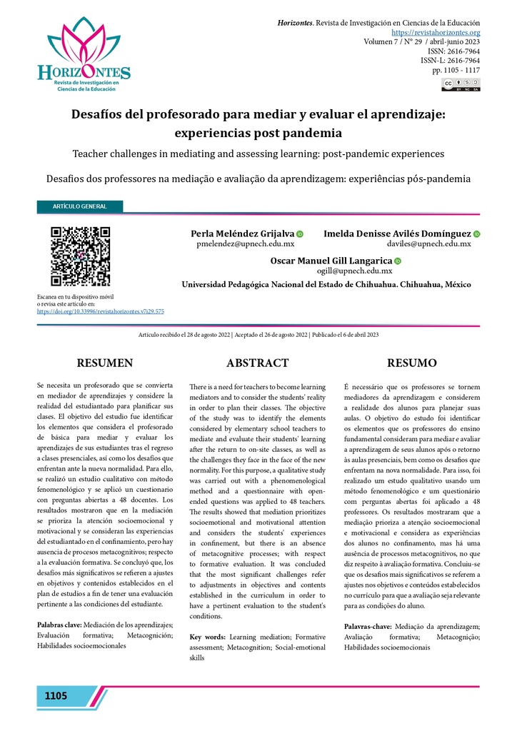 Revista de Investigación en Ciencias de la Educación, Horizontes Vol. 7 Núm. 29