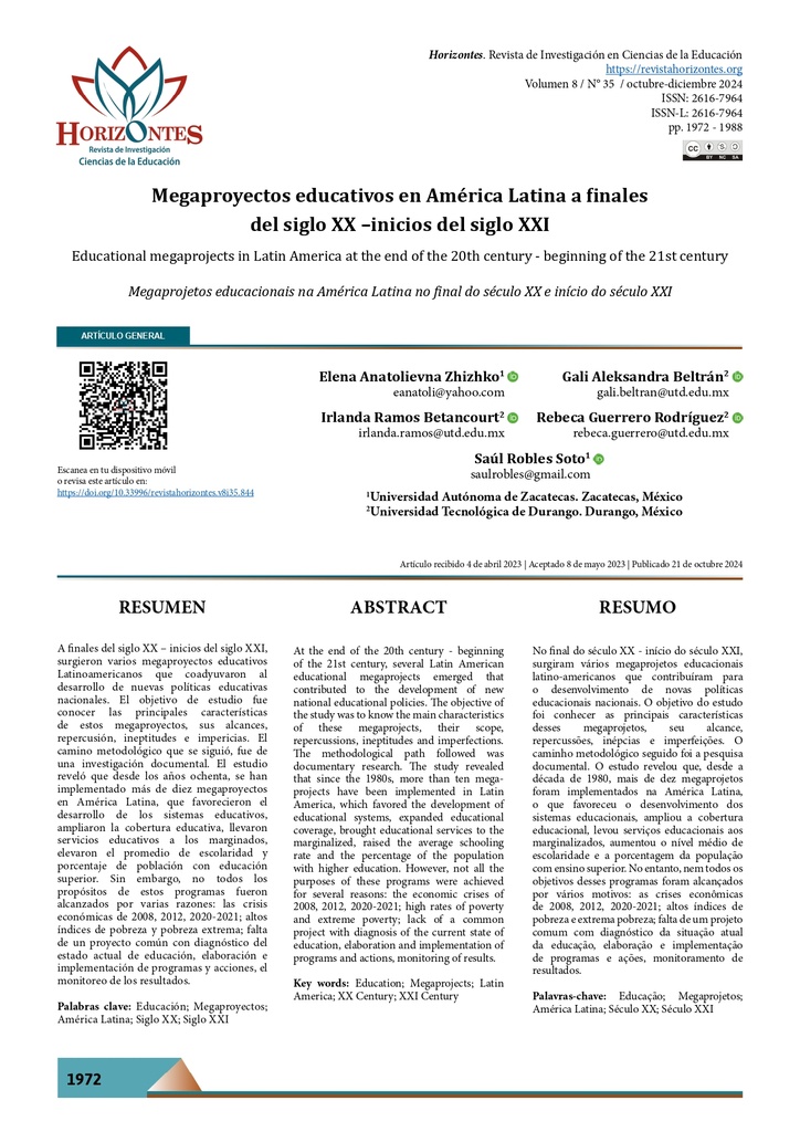 Revista de Investigación en Ciencias de la Educación, Horizontes Vol. 8 Núm. 35