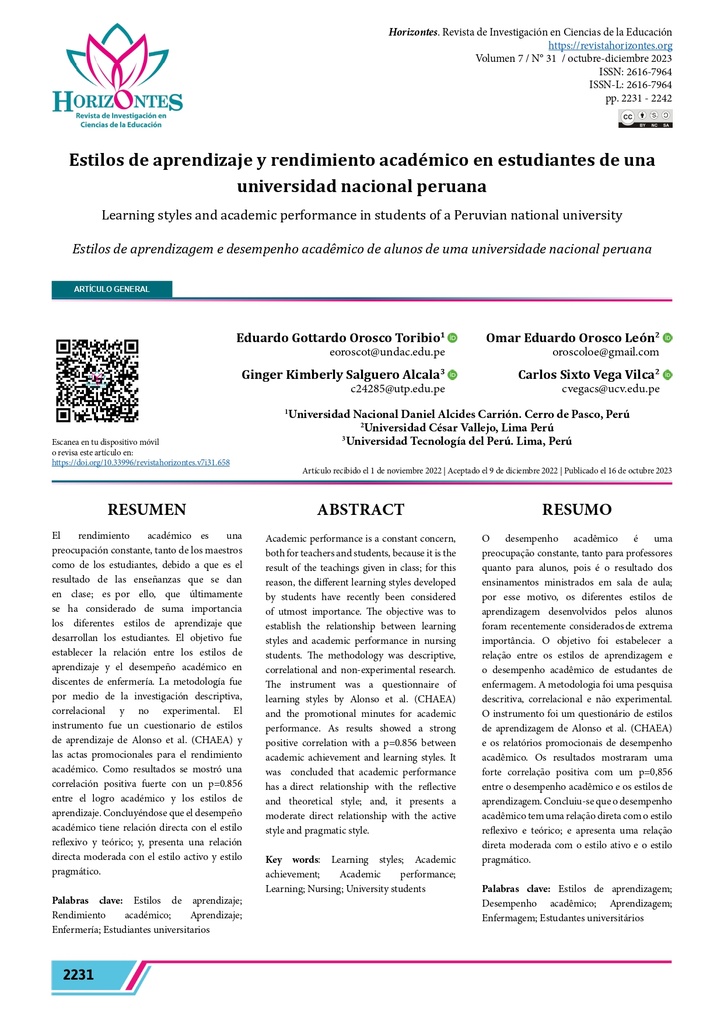 Revista de Investigación en Ciencias de la Educación, Horizontes Vol. 7 Núm. 31