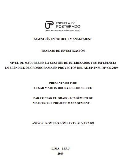 Nivel de madurez en la gestión de interesados y su influencia en el indice de cronograma en proyectos del AE-UP-PNSU-MVCS