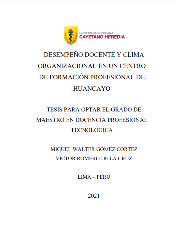 Desempeño docente y clima organizacional en un centro de formación profesional de Huancayo