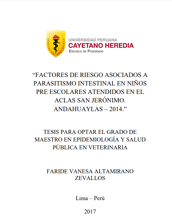 Factores de riesgo asociados a parasitismo intestinal en niños pre escolares atendidos en el Aclas San Jerónimo. Andahuaylas