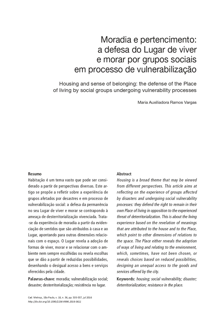 Moradia e pertencimento: a defesa do Lugar de viver e morar por grupos sociais em processo de vulnerabilização