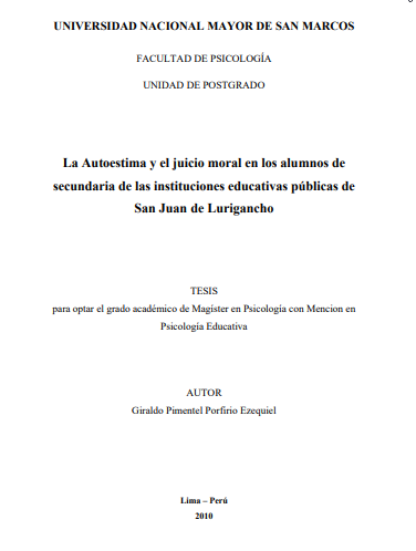 La Autoestima y el juicio moral en los alumnos de secundaria de las instituciones educativas públicas