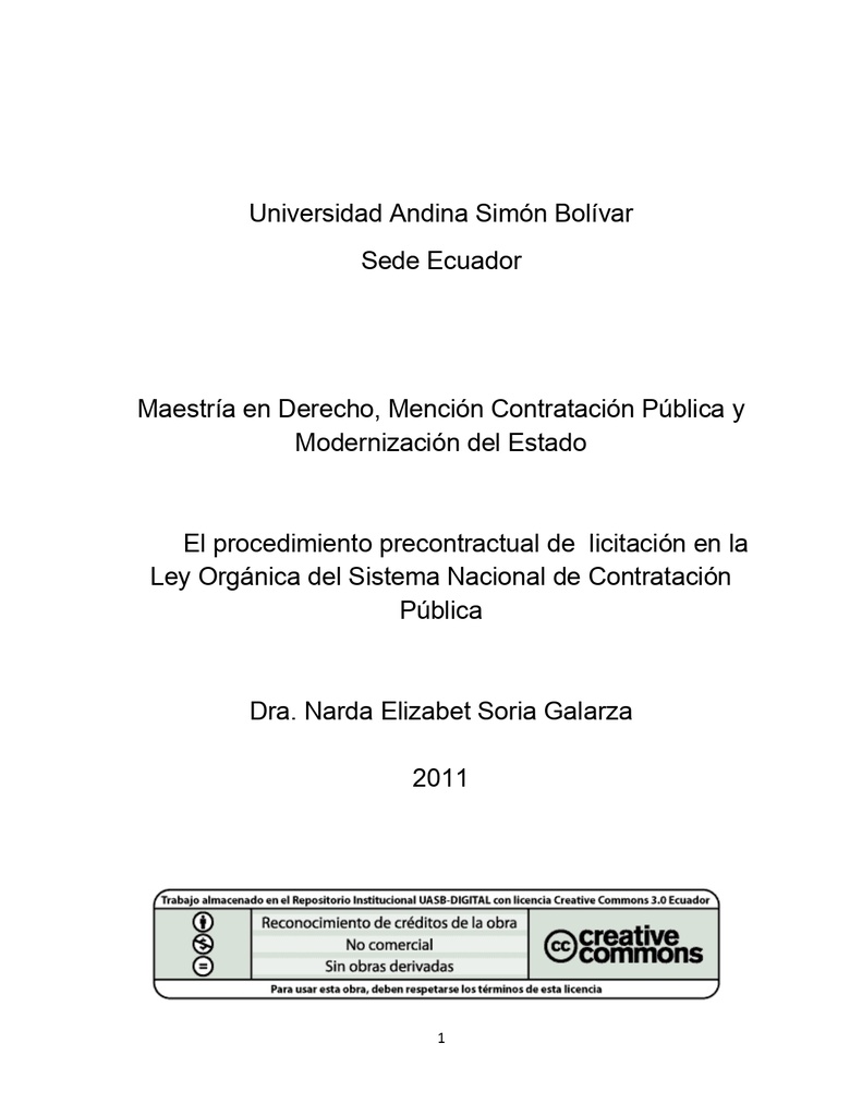 El procedimiento precontractual de licitación en la Ley Orgánica del Sistema Nacional de Contratación Pública