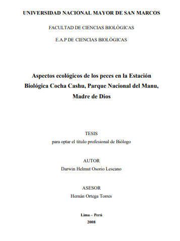 Aspectos ecológicos de los peces en la Estación Biológica Cocha Cashu