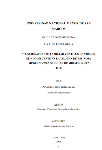 Funcionamiento familiar y estilos de vida en el adolescente en la I.E. Juan de Espinosa Medrano 7082