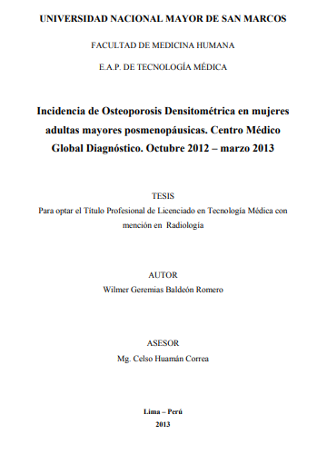 Incidencia de Osteoporosis Densitométrica en mujeres adultas mayores posmenopáusicas