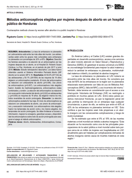 Métodos anticonceptivos elegidos por mujeres después de aborto en un hospital público de Honduras