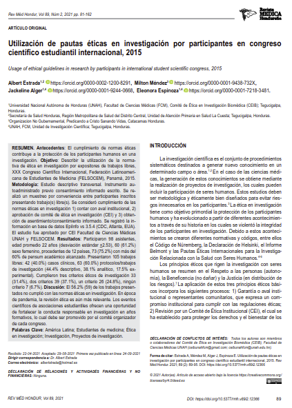 Utilización de pautas éticas en investigación por participantes en congreso científico estudiantil internacional, 2015
