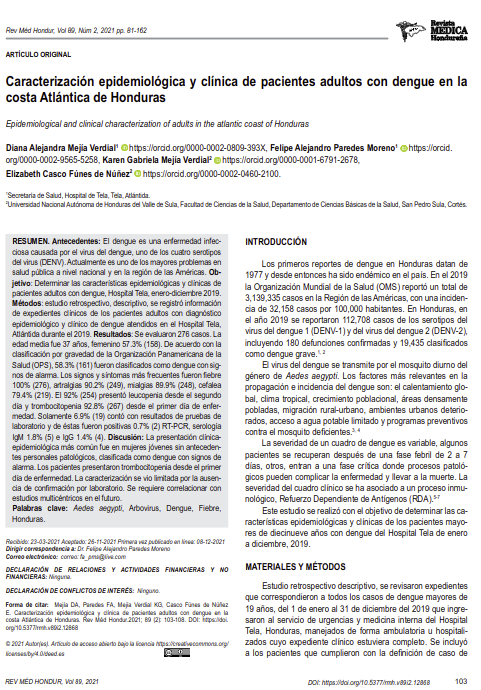 Caracterización epidemiológica y clínica de pacientes adultos con dengue en la costa Atlántica de Honduras