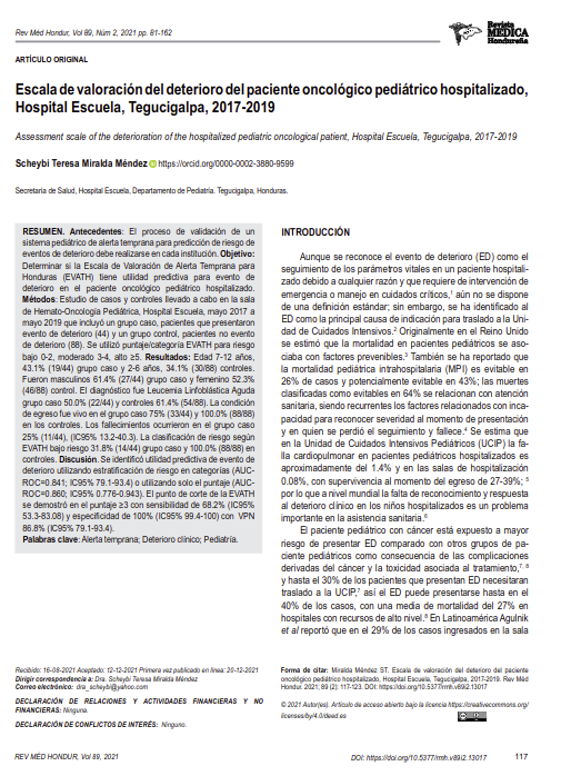 Escala de valoración del deterioro del paciente oncológico pediátrico hospitalizado, Hospital Escuela, Tegucigalpa, 2017-2019