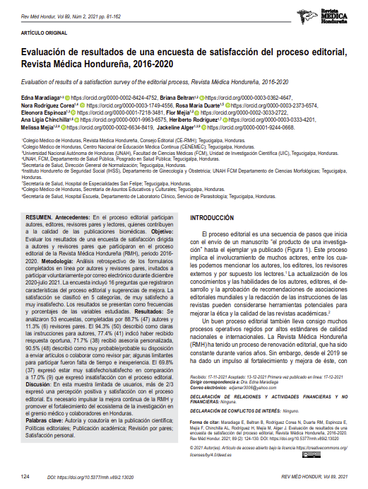 Evaluación de resultados de una encuesta de satisfacción del proceso editorial, Revista Médica Hondureña, 2016-2020