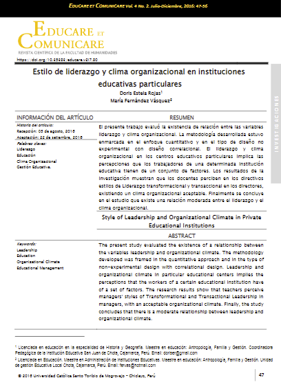 Estilo de liderazgo y clima organizacional en instituciones educativas particulares