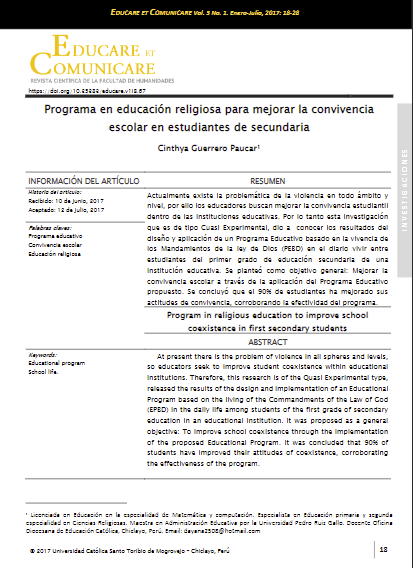 Programa en educación religiosa para mejorar la convivencia escolar en estudiantes de secundaria