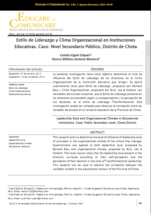 Estilo de liderazgo y clima organizacional en instituciones educativas. Caso: Nivel secundario público, distrito de Chota