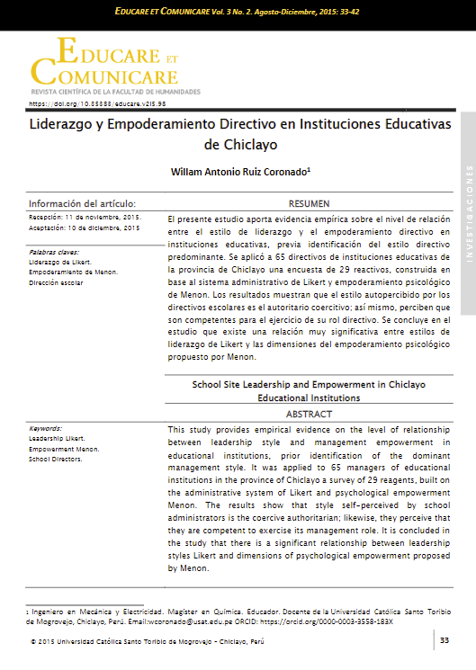 Liderazgo y empoderamiento directivo en instituciones educativas de Chiclayo