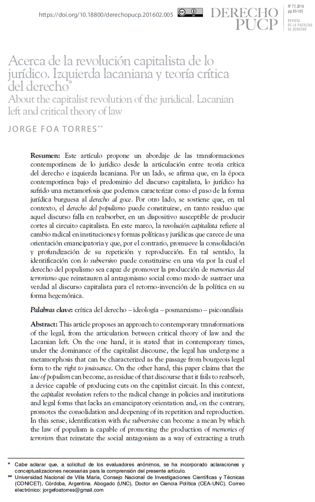 Acerca de la revolución capitalista de lo jurídico. Izquierda lacaniana y teoría crítica del derecho