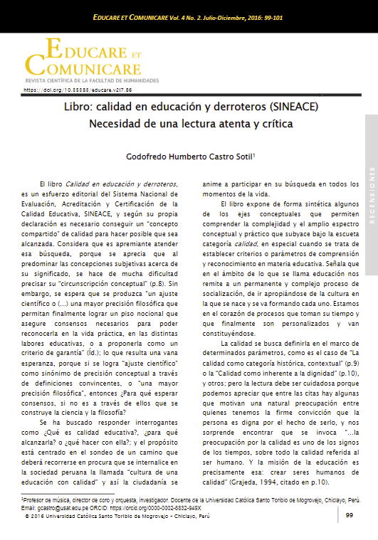 Libro:calidad en educación y derroteros (SINEACE) Necesidad de una lectura atenta y crítica