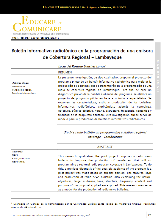 Boletín informativo radiofónico en la programación de una emisora de cobertura regional - Lambayeque