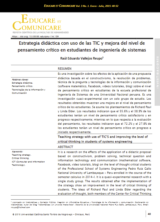 Estrategia didáctica con uso de las TIC y mejora del nivel de pensamiento crítico en estudiantes de ingeniería de sistemas