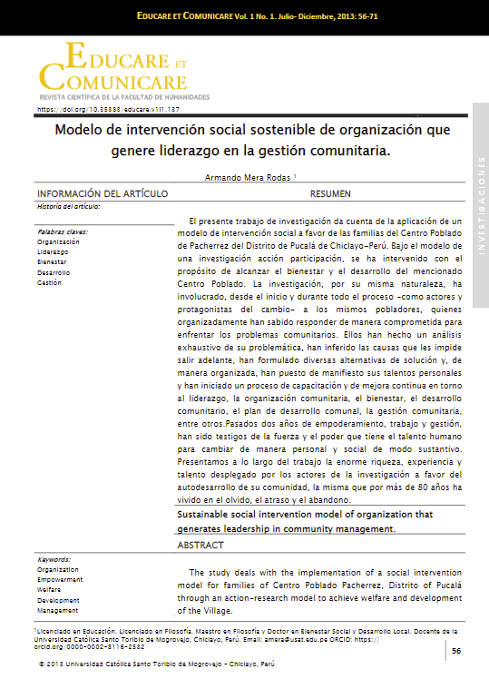 Modelo de intervención social sostenible de organización que genere liderazgo en la gestión comunitaria.