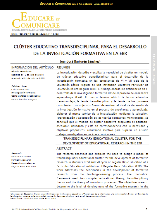 Clúster educativo transdisciplinar, para el desarrollo de la investigación formativa en la EBR