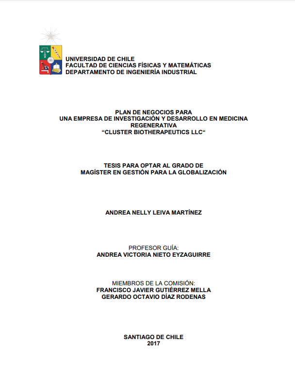 Plan de negocios para una empresa de investigación y desarrollo en medicina regenerativa &quot;Cluster Biotherapeutics LLC&quot;