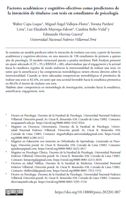 Factores académicos y cognitivo-afectivos como predictores de la intención de titularse con tesis en estudiantes de psicología