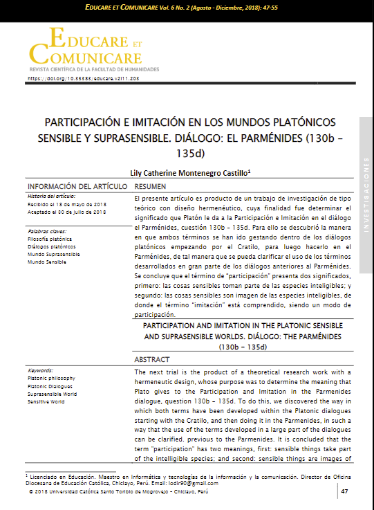 Participación e imitación en los mundos platónicos sensible y suprasensible. Diálogo El Parménides (130b-135d)