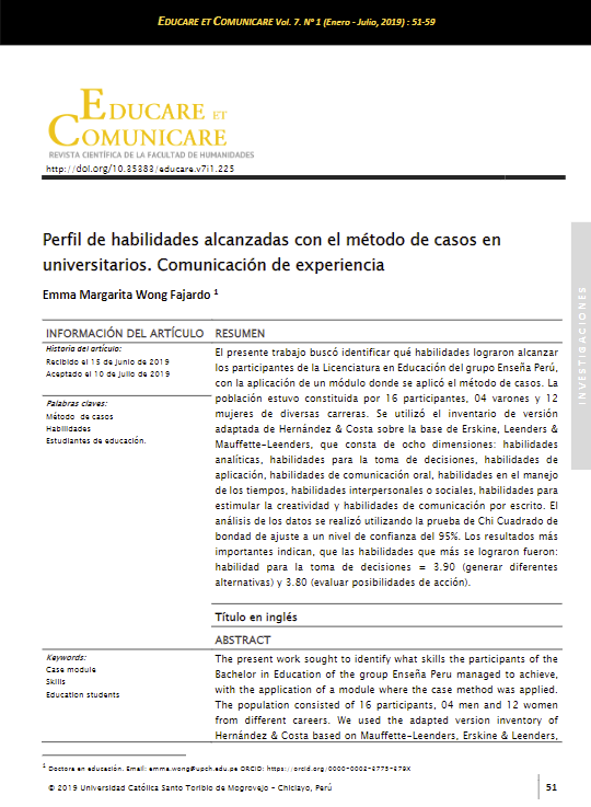 Perfil de habilidades alcanzadas con el método de casos en universitarios. Comunicación de experiencia