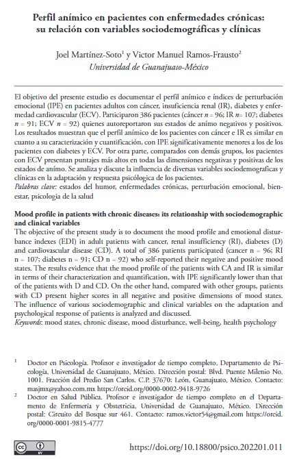 Perfil anímico en pacientes con enfermedades crónicas: su relación con variables sociodemográficas y clínicas