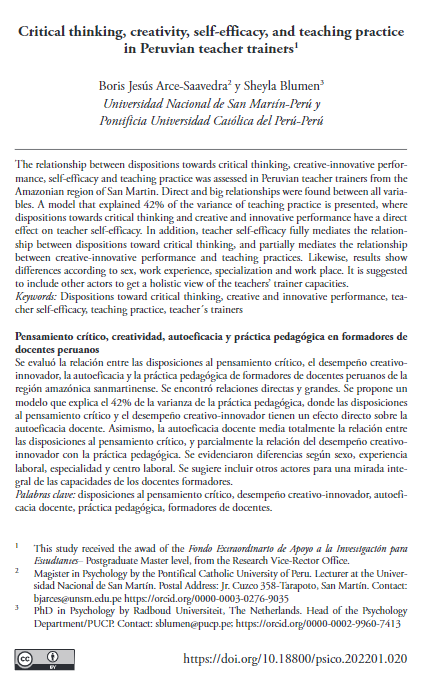 Critical thinking, creativity, self-efficacy, and teaching practice in Peruvian teacher trainers