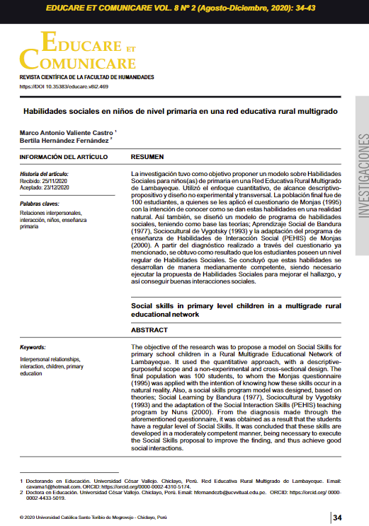 Habilidades sociales en niños de nivel primaria en una red educativa rural multigrado