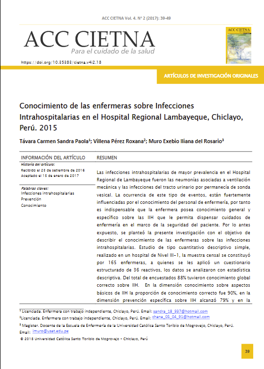 Conocimiento de las enfermeras sobre Infecciones Intrahospitalarias en el Hospital Regional Lambayeque, Chiclayo, Perú. 2015