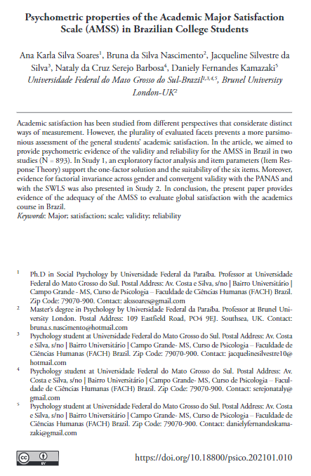 Psychometric properties of the Academic Major Satisfaction Scale (AMSS) in Brazilian College Students