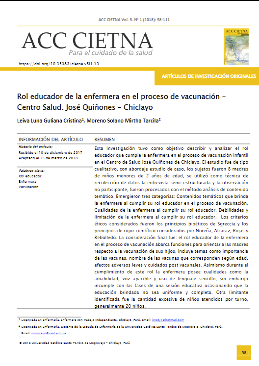 Rol educador de la enfermera en el proceso de vacunación - Centro Salud. José Quiñones - Chiclayo