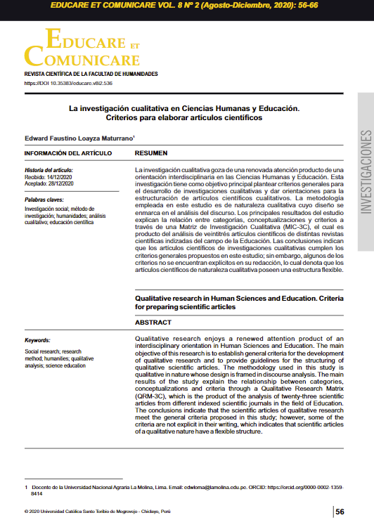 La investigación cualitativa en Ciencias Humanas y Educación. Criterios para elaborar artículos científicos