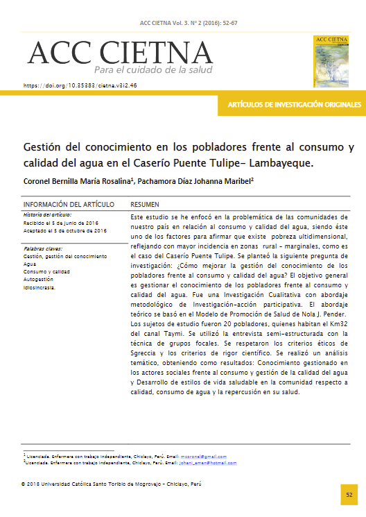 Gestión del conocimiento en los pobladores frente al consumo y calidad del agua en el Caserío Puente Tulipe - Lambayeque.