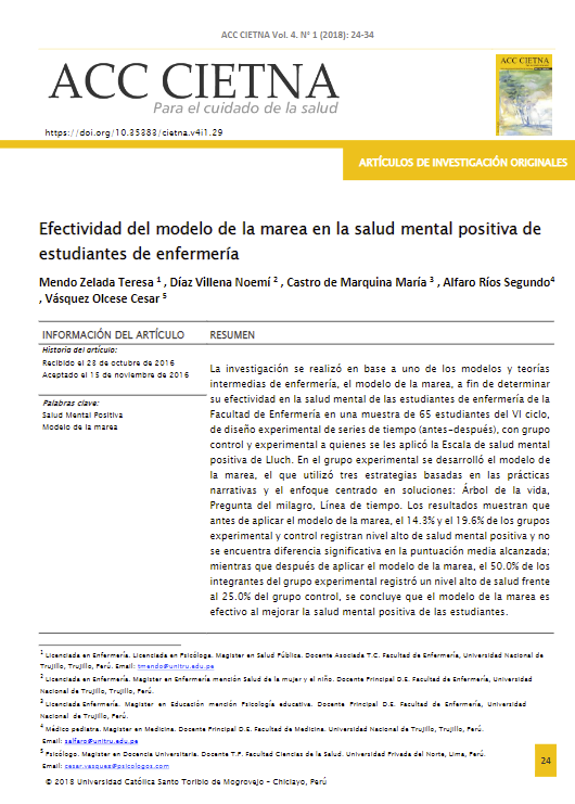 Efectividad del modelo de la marea en la salud mental positiva de estudiantes de enfermería