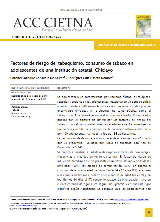 Factores de riesgo del tabaquismo, consumo de tabaco en adolescentes de una Institución estatal, Chiclayo