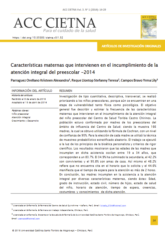 Características maternas que intervienen en el incumplimiento de la atención integral del preescolar -2014