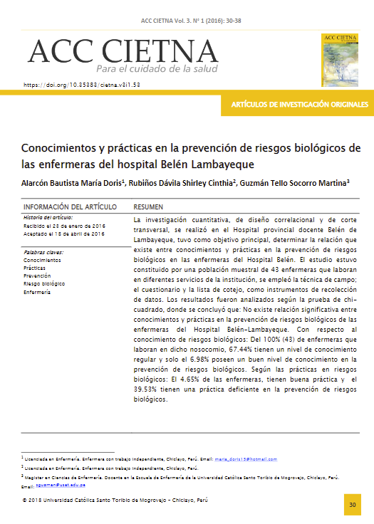 Conocimientos y prácticas en la prevención de riesgos biológicos de las enfermeras del hospital Belén Lambayeque