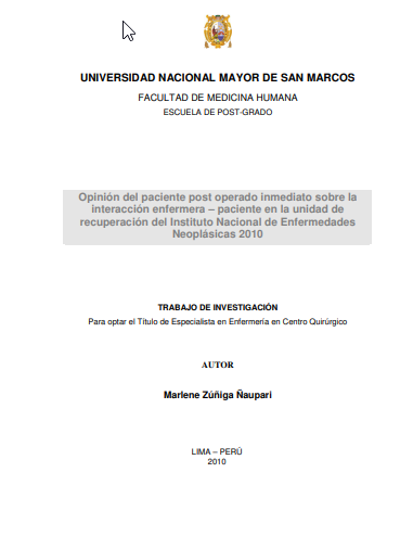 Opinión del paciente post operado inmediato sobre la interacción enfermera-paciente en la Unidad de Recuperación