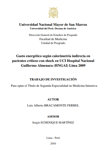 Gasto energético según calorimetría indirecta en pacientes críticos con shock en UCI